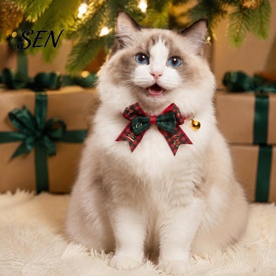 Christmas Pet Accessories Bow Collar, Adjustable Cat Collar with And Bell, Safety Buckle Plaid Print for Cats, Small Dogs, Holiday Wear Bell