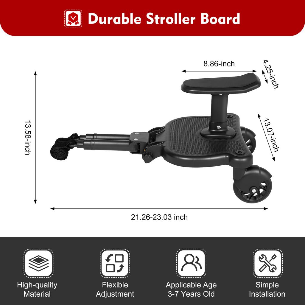 Baby Buggy Step Board Universal Stroller Board 2-in-1 Design 360° Wheels Anti-Slip Detachable Seat for 3-7 Kids
