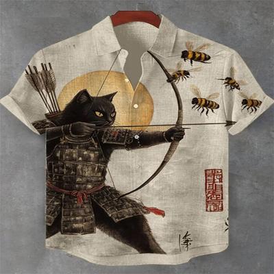 Japanese Style Samurai Cat Creative Print Short Sleeve Shirt, Retro Trendy Casual Lapel Top For Daily Wear
