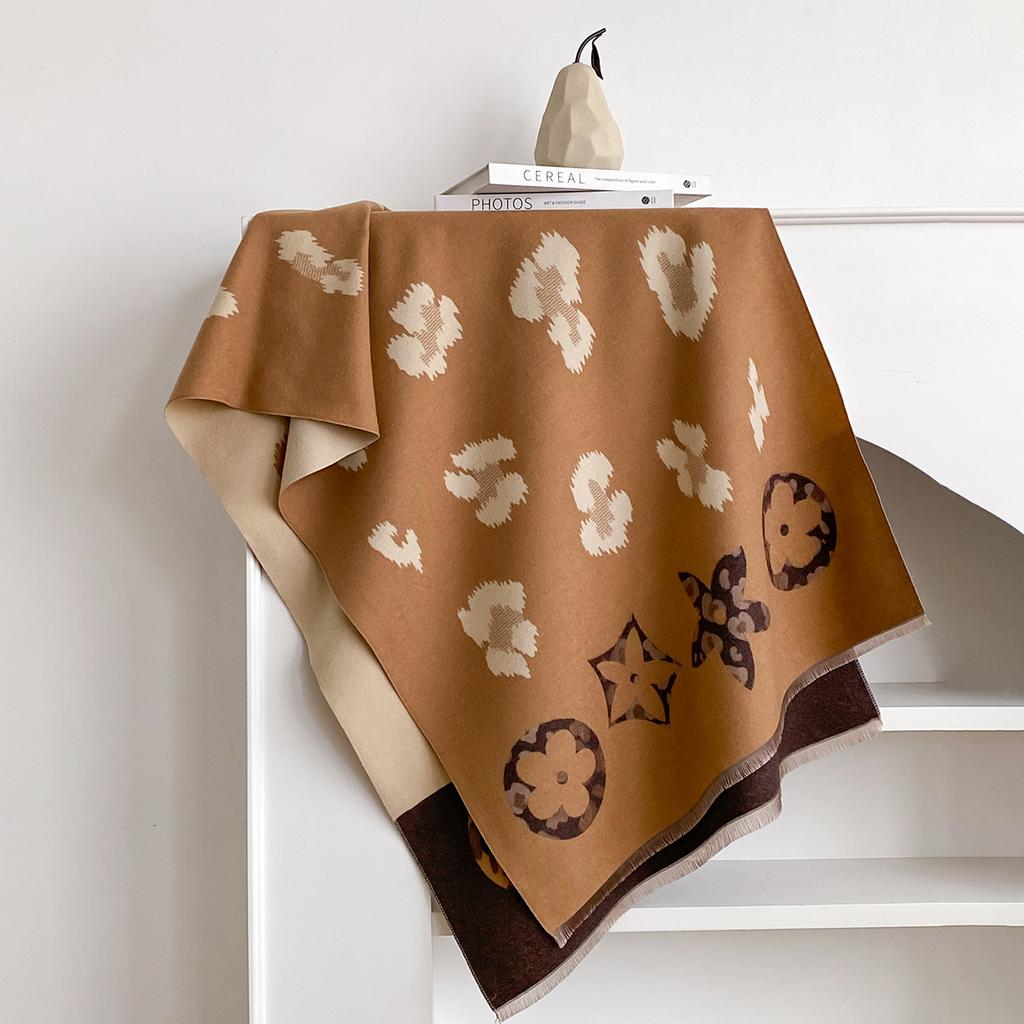 Women's Leopard Print Splicing Shape Fashionable Versatile Imitation Cashmere Warm Scarf Short Beard Fringed Shawl Women
