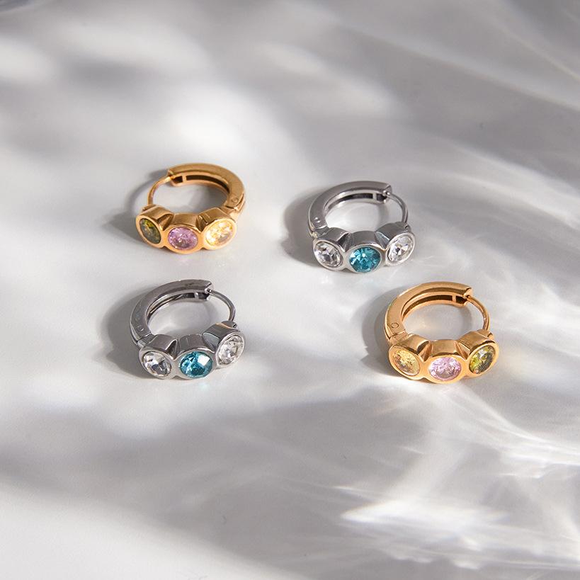 Waterproof Stainless Steel CZ Huggie Earrings 18K Gold Plated Three Stone Colorful Cubic Zirconia Hoop Earrings for Women