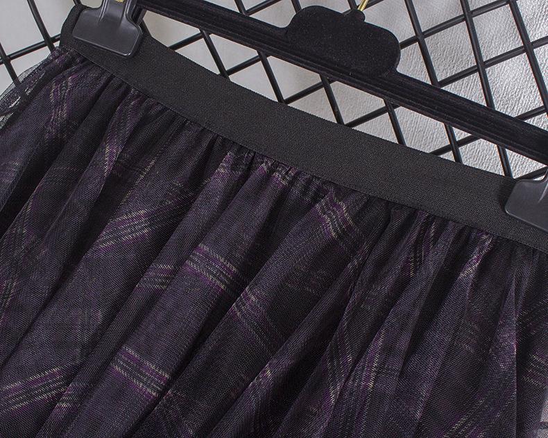 Color-Block Plaid Multi-Layer Mesh Skirt - Women's High-Waisted Midi Skirt for Autumn/Winter