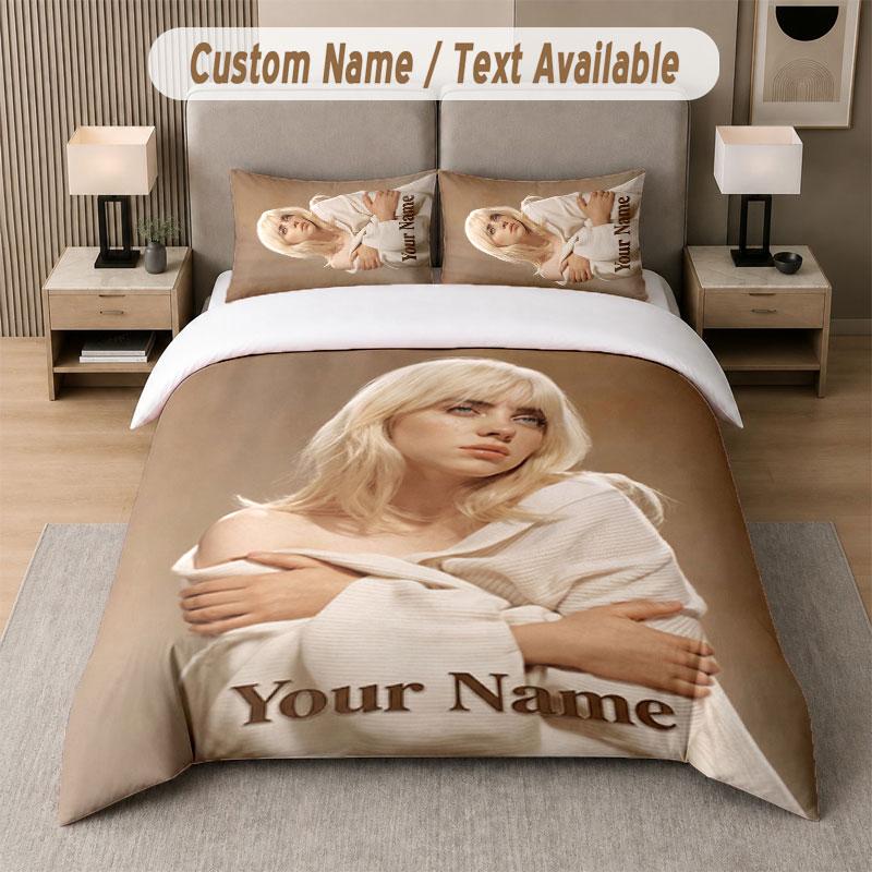 Custom Bedding Set Billie Eilish Pattern, Print Name Text 1 Duvet Cover Plus 2 Pillowcases Home Textile