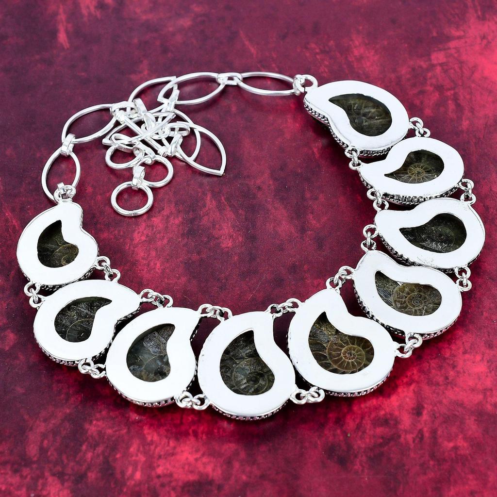 Ammonittfossil 925 Sterling Sølv Halskjede med Justerbart Kjede, Håndlaget Edelstenssmykke Halskjede For Minnedagen