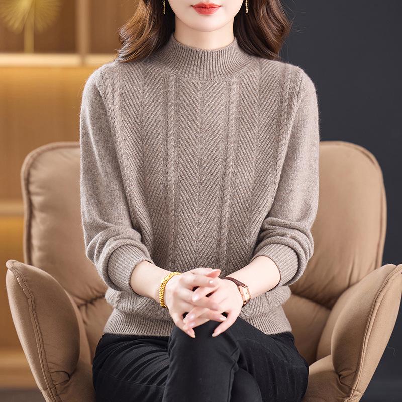 Women's Pure Wool Sweater - Thick Knit, Half-High Collar, Autumn/Winter Style for Middle-Aged & Elderly.