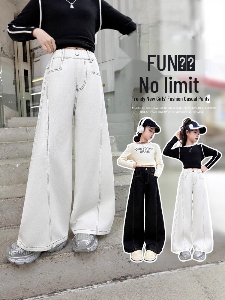 Girls' Wide-Leg Jeans - Fashionable Autumn Scimitar Pants for Middle Schoolers.