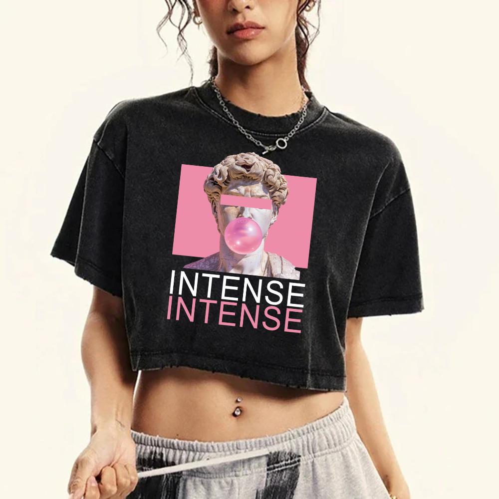 Sculpture Blowing Bubbles Prints Female Washed Crop T Shirts Summer Cotton Short Sleeve Fitness Clothes Street T-Shirt