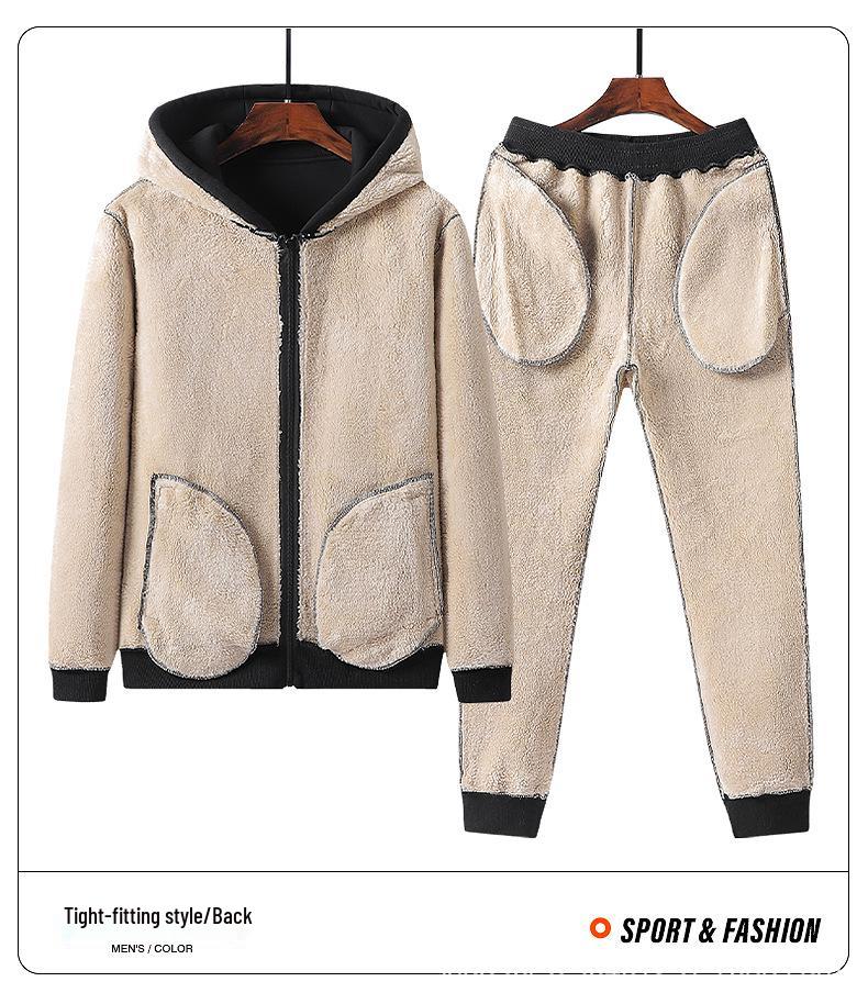 Lambswool Sports Suit: Plus Size Men's Fleece-Lined Hoodie & Cardigan Two-Piece Set for Autumn/Winter.