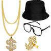 Kit de Disfraz Hip Hop de 4 Piezas Sombrero Bucket Gafas Cadena con Signo de Dólar Anillo Accesorios de Rapper Look Cool