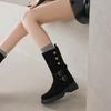 Krazing Pot Cow Suede Round Toe Thick Heels Motorcycle Boots Size 42 Back Zip Women Keep Warm Metal Button Mid-calf Boots
