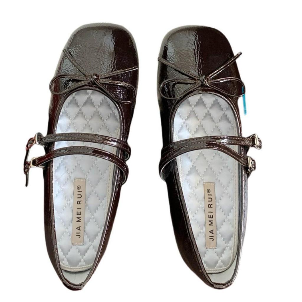 In Stock Rockfish Patent Leather Mary Jane Ballet Flats with Double Strap Bow - Women's Round Toe Low-Cut Shoes