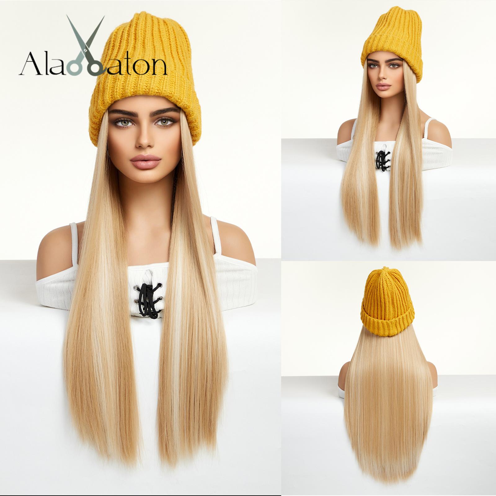 

ALAN EATON Hat Wigs Cap with Hair Straight Natural Black Color Connect Winter Knitted Beanie Synthetic Hair Women Daily Party High Temperature