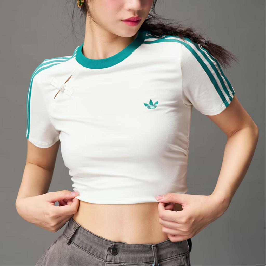 Adidas Originals Logo Streifen Neuer Chinesischer Stil Cropped Plissiertes Sport Kurzarm T-Shirt Damen Oberteile KC5852