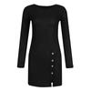 Women Fashion Casual Color Side Slit Sexy Slim Button Long-sleeved Knitted Dress