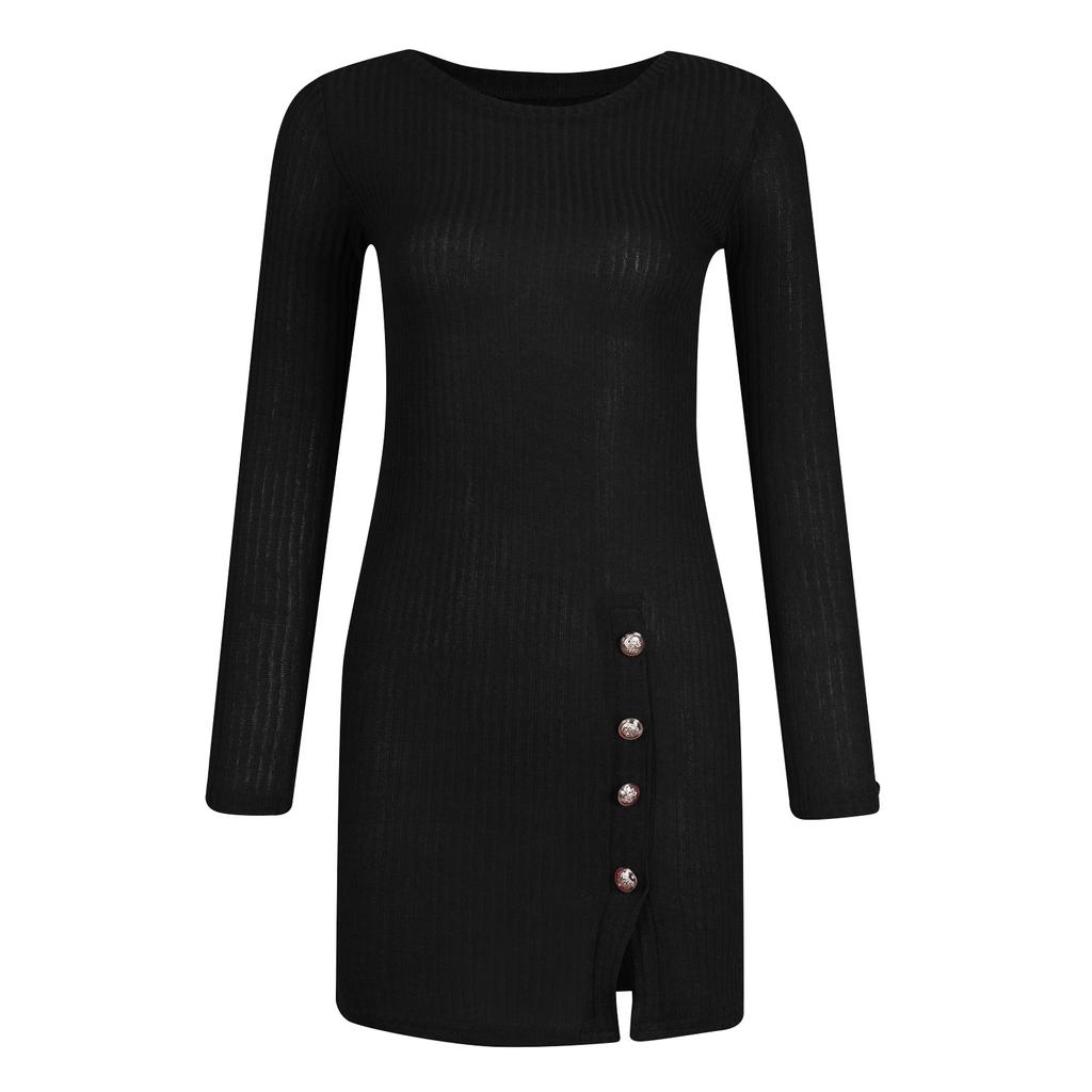 Women Fashion Casual Color Side Slit Sexy Slim Button Long-sleeved Knitted Dress