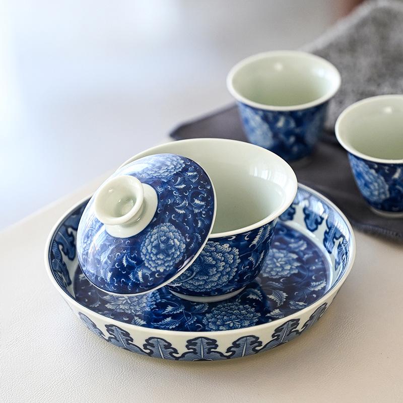 Underglaze Blue And White Sancai Tea Bowl Cover Bowl Cup, High-Grade Ceramic Kung Fu Tea Set, Not Hot To Make Tea, Chinese Retro Pot Bearing