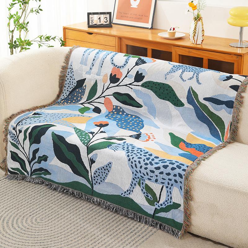 

Illustrated Line Blanket, Nap Blanket, Blue Sofa Blanket, Leopard Print, Multi-purpose, Bedroom 130x160cm