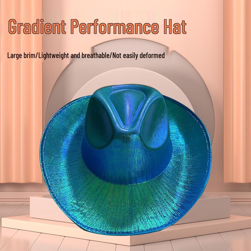 Pink Iridescent Cowboy Hat for Halloween Rave Party, Wide Brim Fluorescent Performance Top Hat.