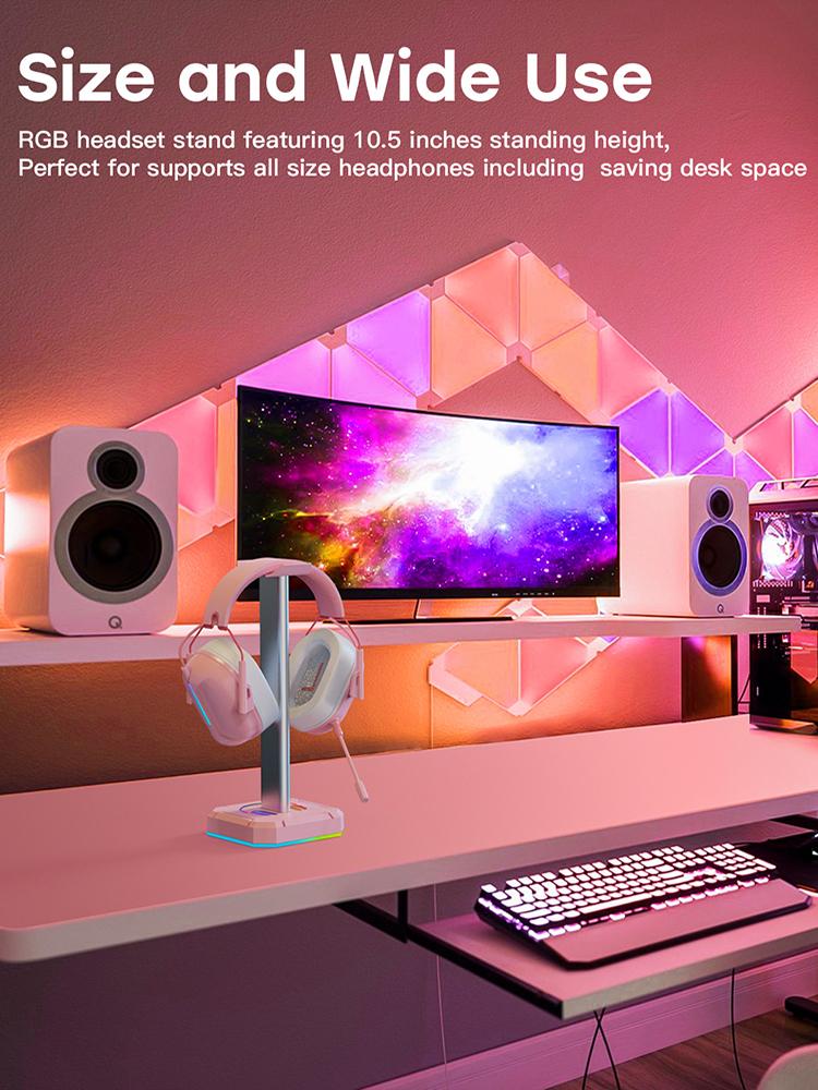 RGB Headset Holder with 3 USB2.0 Ports Headphone Display Holder Saving Space Desk Gaming Headset Holder for All Headphones