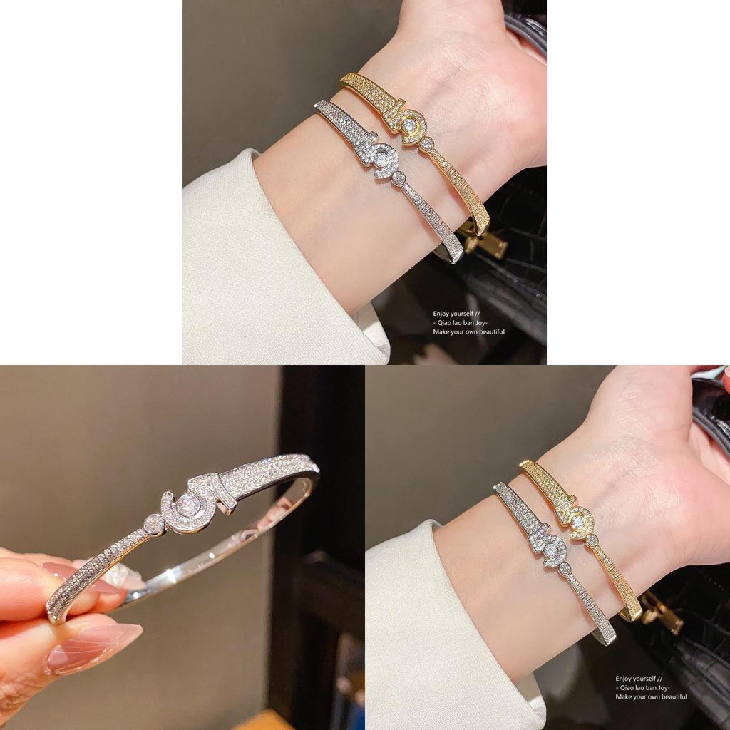 18k Gold Plated Zircon Round Open Cuff Bracelet For Elegant Women