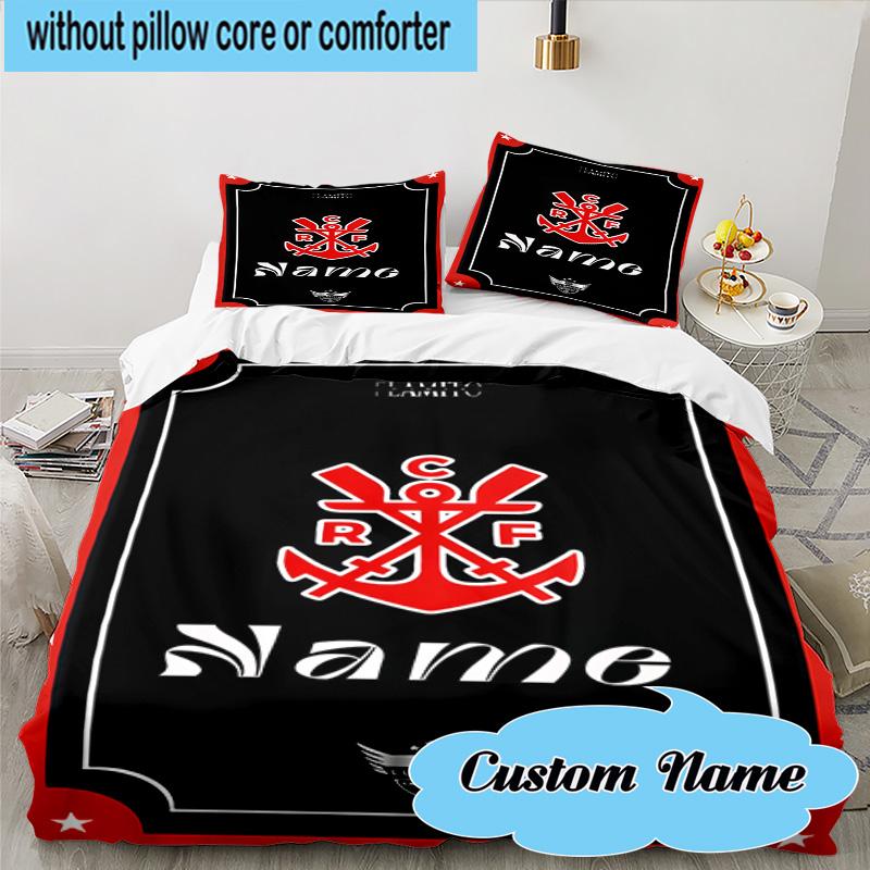 3PCS Custom Name Black Crest Flamengo Bedding Set, Including 1pc Duvet Cover And 2pcs Pillowcases, Suitable for Dorms and Bedrooms Gift