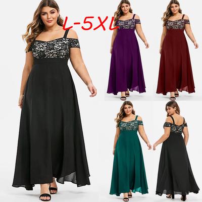Women Plus Size Cold Shoulder Floral Lace Maxi Party Evening Camis Long Dress