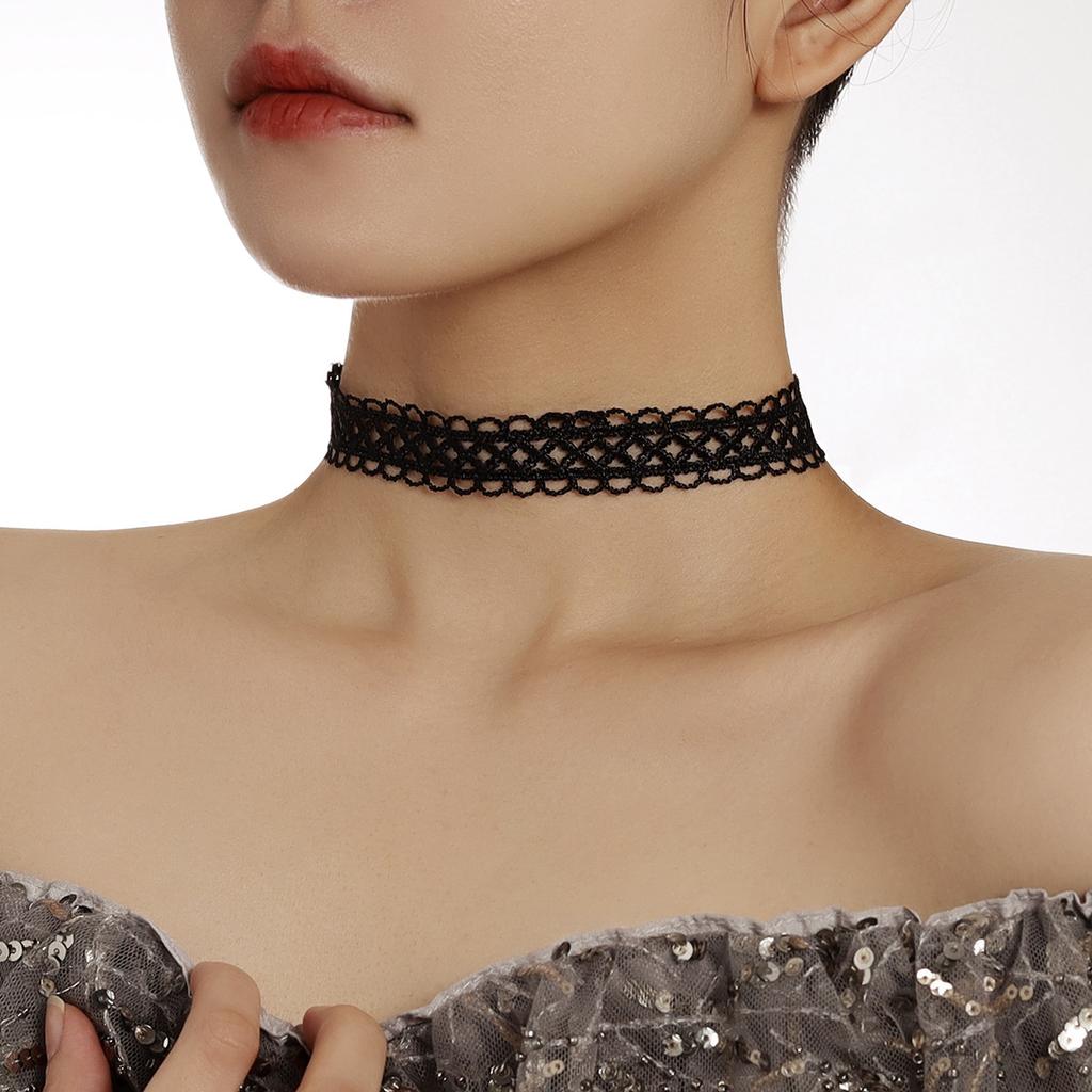 Vintage Dark Gothic Lace Choker, Elastic Floral Lace Stackable Necklace Set