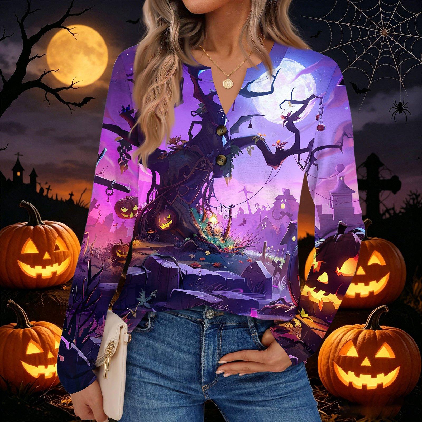Women s Halloween Print Long Sleeve Shirt Casual Blouse XXL
