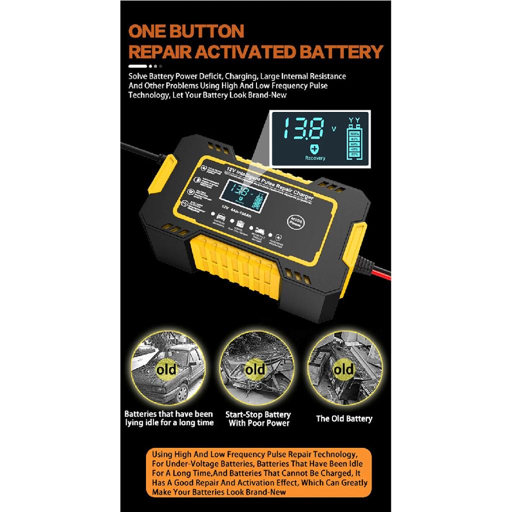 12V 6A Full Automatic Car Battery Charger Power Pulse Repair Chargers Wet Dry Lead Acid Battery Chargers Digital LCD Display
