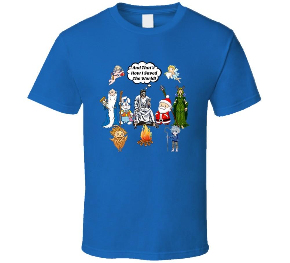 Jesus With Guardian Superheroes Campfire T-Shirt How I Saved The World TShirt XL