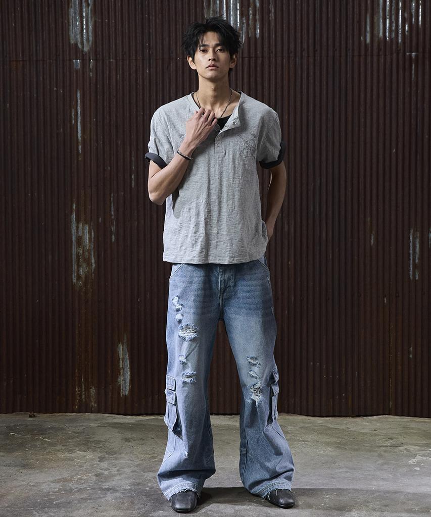 HOOVES Twin Skeleton Henley Neck Short Sleeve Tee [Melange Grey]
