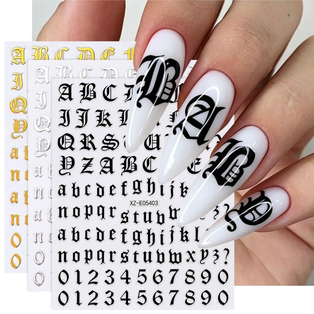 3sheets 3D Old English Letter Nail Stickers Gold/Silver/Black Retro Alphabet & Numbers Nail Decals Self-Adhesive Nail Decora E#4