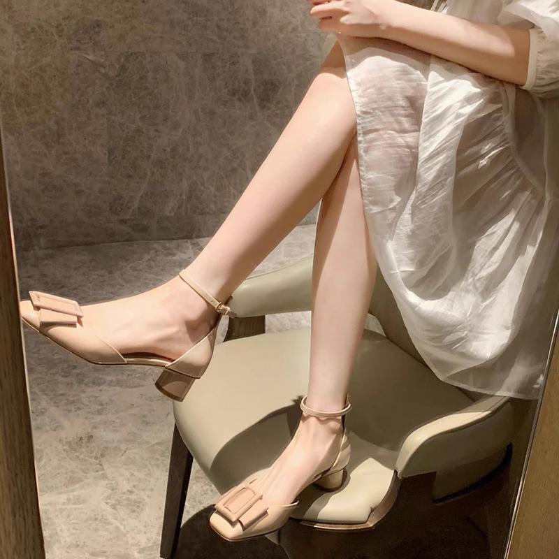 Cowhide version~ Celebrity temperament bag head with genuine leather sandals women's summer hollow square buckle high-heeled small sandals
