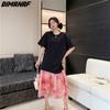 Dimanaf 2023 Plus Size Summer T-Shirt Dress Women Cotton Loose Dress Beach Mesh Female Dresses O-Neck Pink
