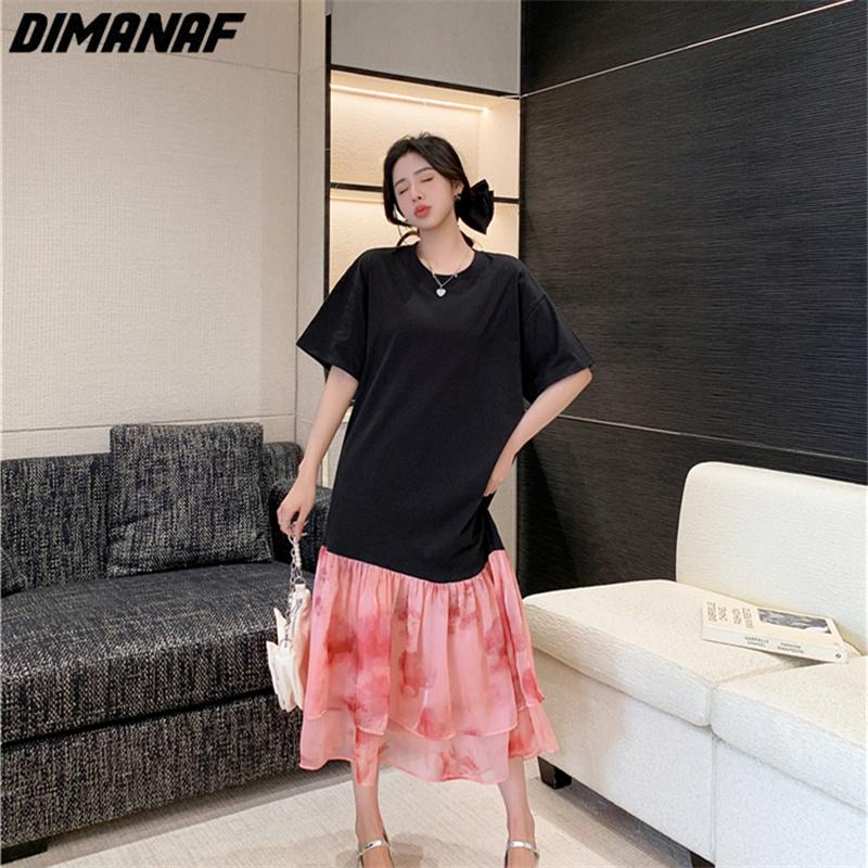 Dimanaf 2023 Plus Size Summer T-Shirt Dress Women Cotton Loose Dress Beach Mesh Female Dresses O-Neck Pink