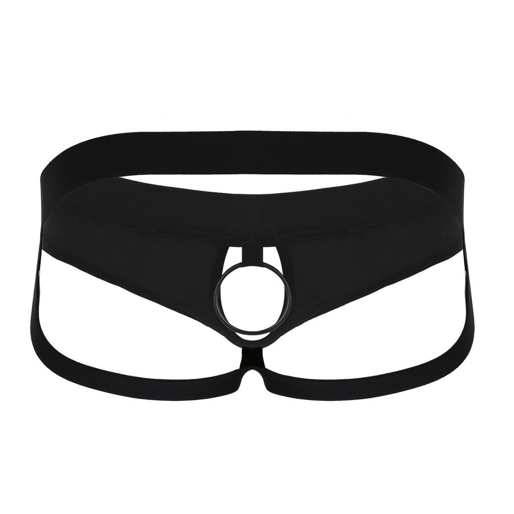 Men’s Lingerie Faux Leather Jockstrap Low Rise G-String Open Back Hollow Out Metal O-Ring Bikini Underwear for Date Night