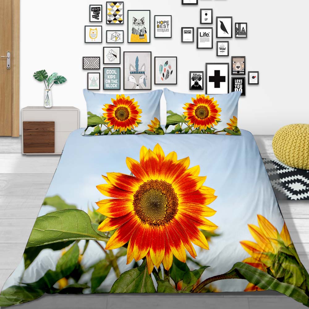 Sunflower Pattern Deluxe Household Bedding Set Full-size Quilt Cover and Pillowcase Plant Print Washable and Comfortable Bedroom Bedding