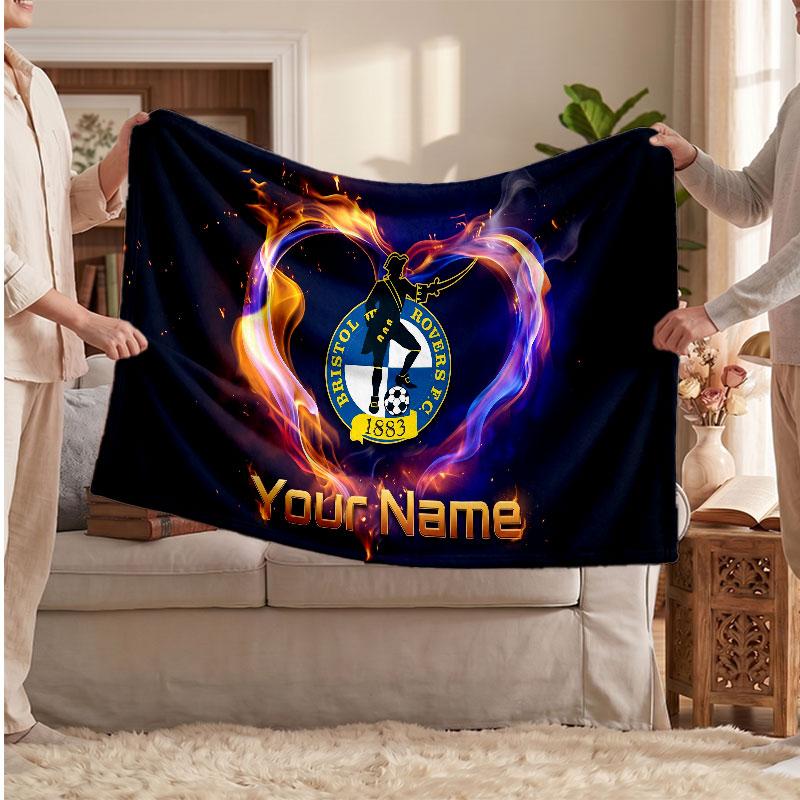 Bristol Rovers Personalized Fleece Blanket With Football Logo, Custom Name Text Soft Warm Home Throw Blanket