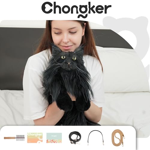 Chongker Handmade Realistic Cat Plush Toy Backpack, a Gift for Pet Lovers and Women (Black Maine Cat)