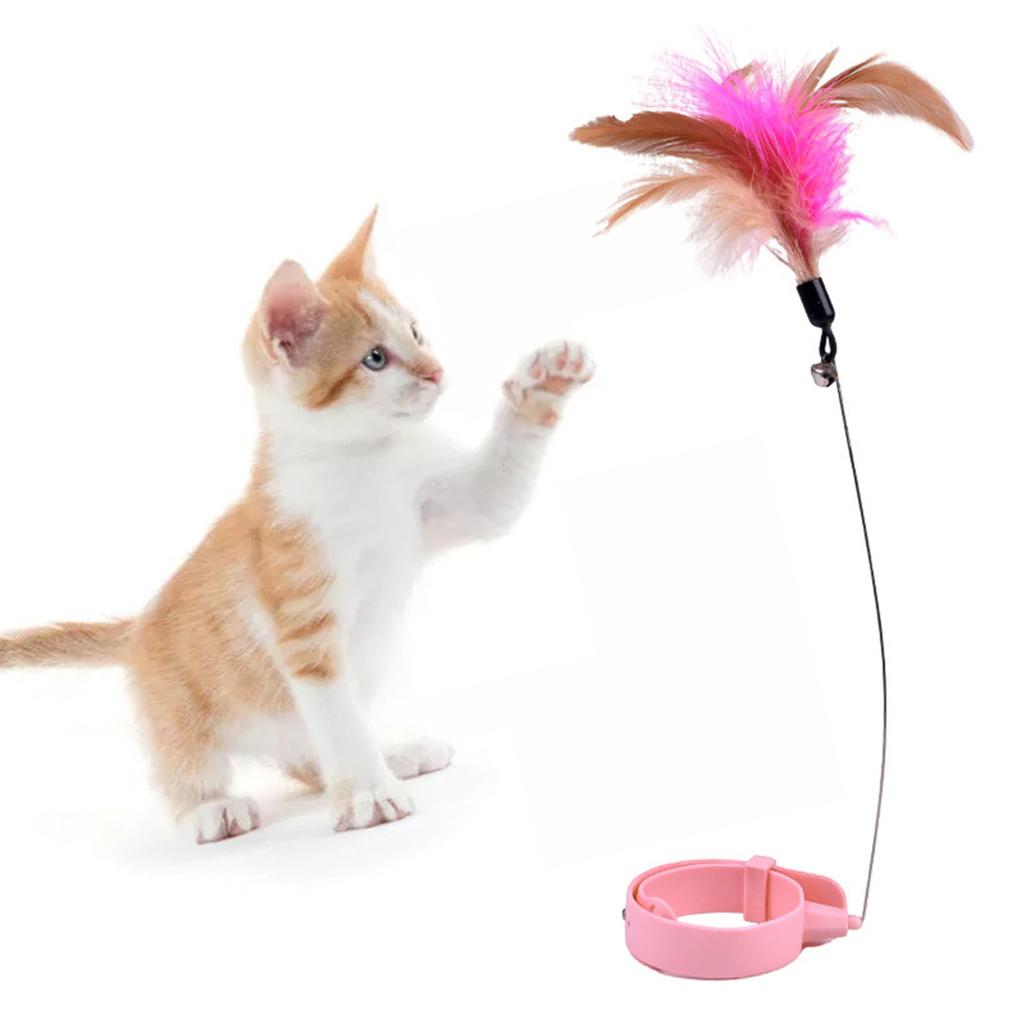 Cat Feather Collar Toys Adjustable Flexible Funny Interactive Cat Feather Wand Collar with Bell for Cat Indoor Play Pink