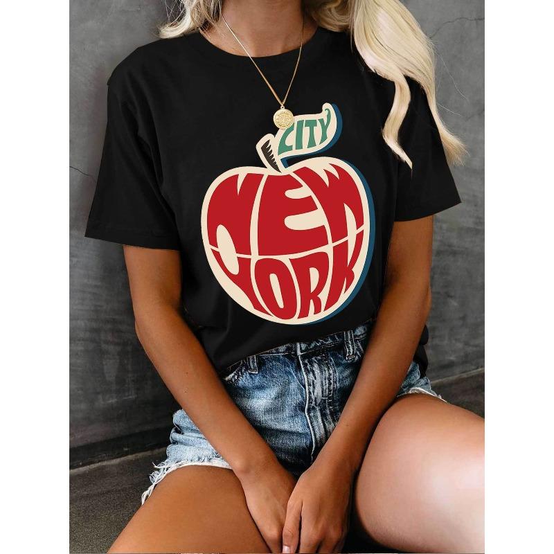 Women's Casual New York City Pattern T-Shirt, Short Sleeve Round Neck Top, Bold Red and Blue Letter Print, Black Background, Perfect for Spring