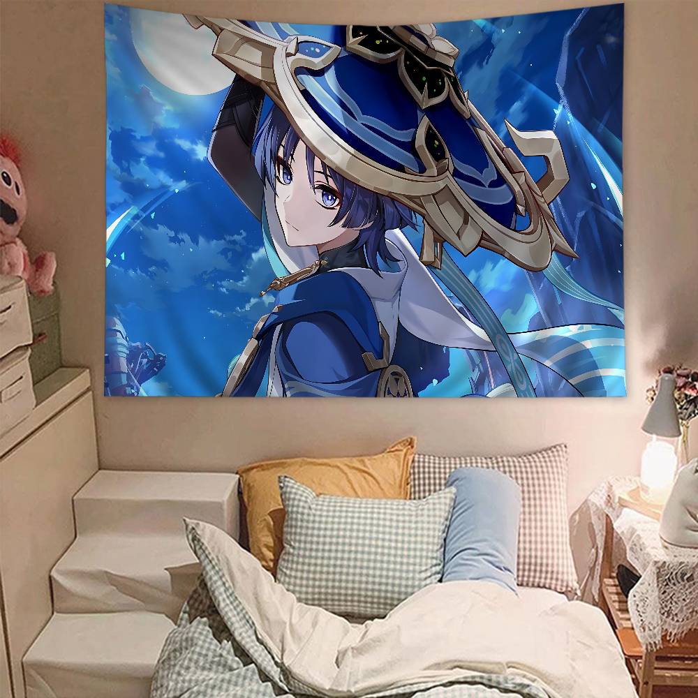 Genshin Impact Game Anime Tapestry Hippie Flower Wall Carpets Dorm Decor Wall Hanging Home Decor