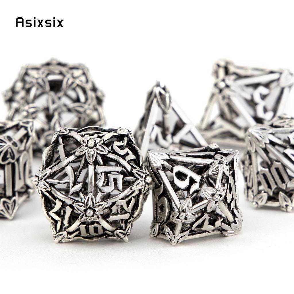 7 Pcs White Leaf Flower Metal Dice Hollow Metal Polyhedral Dice Set Suitable For Role-Playing Dice PropBoard Game Gift