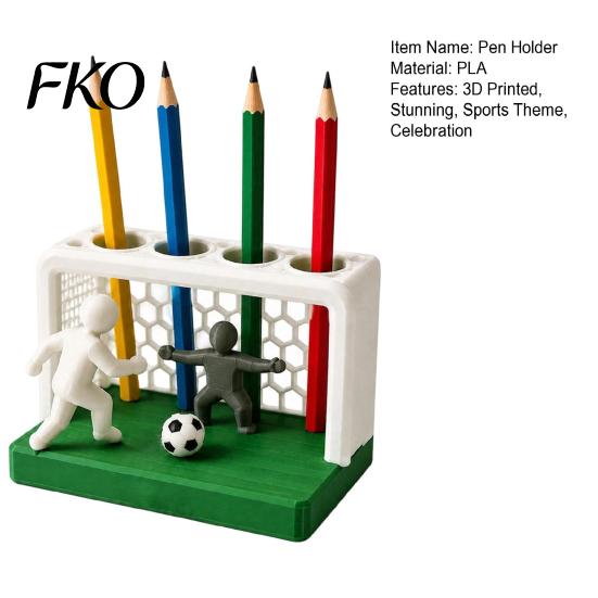 Eco-friendly Pen Holder Soccer Goal And Player Figure Holder, 3D Printed Sports Desktop Stationery Organizer Theme Pencil 4 Hole for Home, Office
