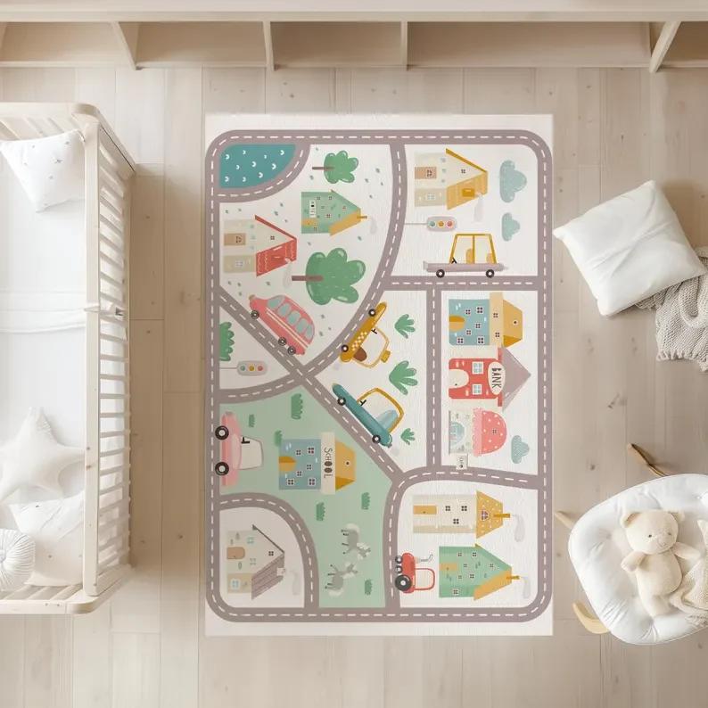 Město Silnice Hrací Koberec Měkký Protiskluzový Dětský Koberec Retro Domácí Dekorace Koberec