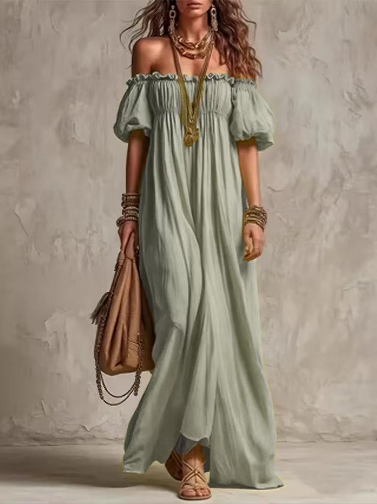European and American New One-word Shoulder Sexy Cute Backless Lazy Bubble Sleeve Dress Loose and Elegant Long Dress Women
