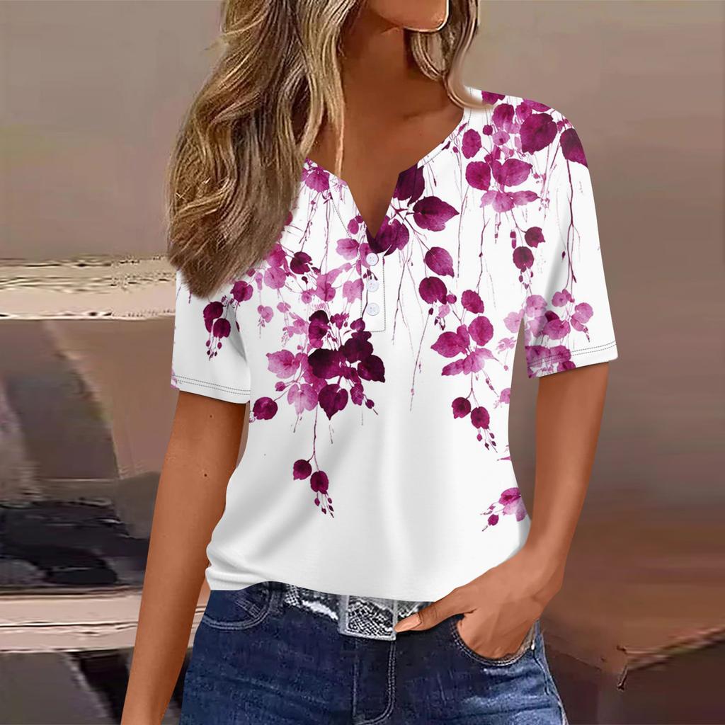 Women's T Shirt Tee Printed Button Short Sleeve Tunic Daily Weekend Fashion Basic V- Neck Regular Top