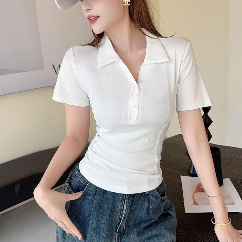 Letni Damski T-shirt Polo Krótki Rękaw Wyszczuplający Modny Top Casualowy Strój do Pracy