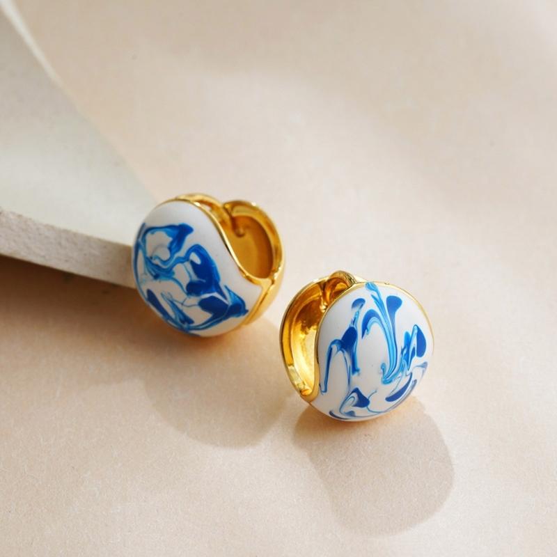 User Friendly Ceramic Ear Clip Blue Floral Pattern Dangle Earring Sturdy Copper Material Office And Casual Accessory
