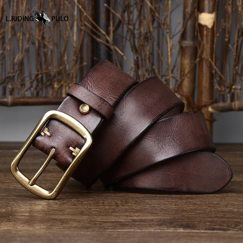 Men's Genuine Leather Belt Retro Distressed Pleated Copper Buckle Korean Style Casual Jeans Belt